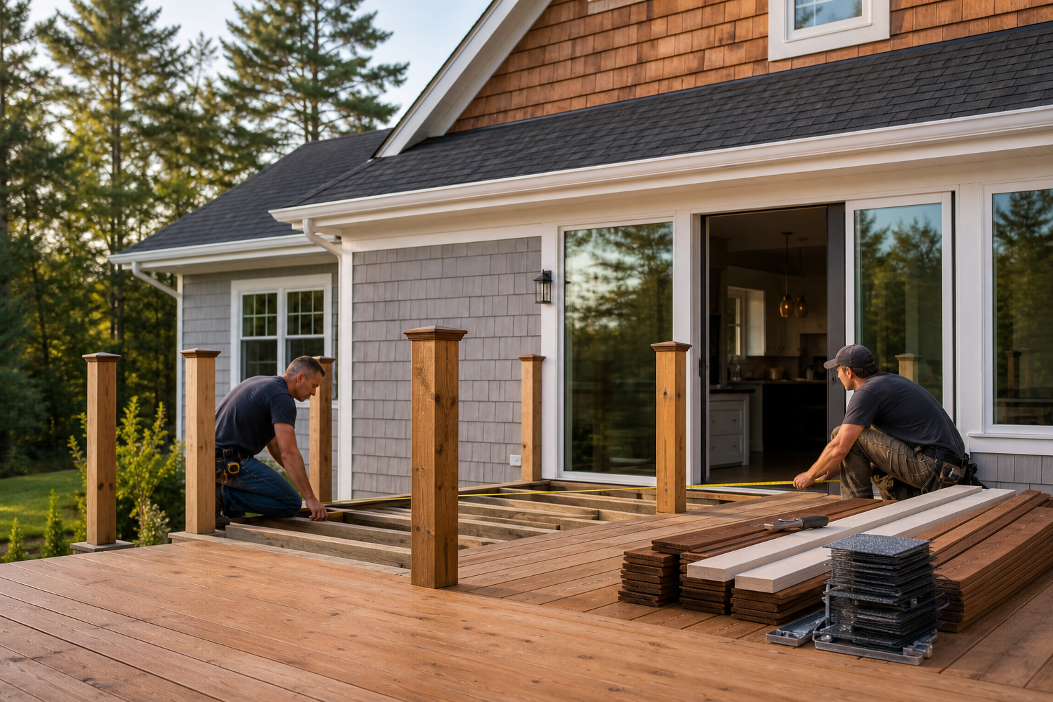 Deck construction with workers measuring framing outside a home