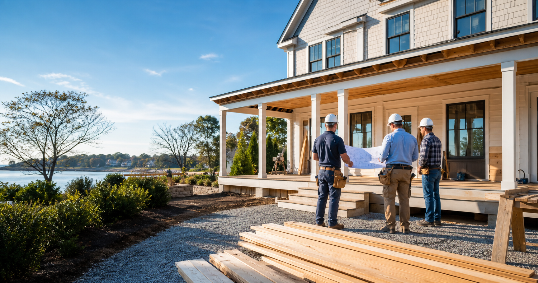 Construction crew reviewing plans outside a home renovation