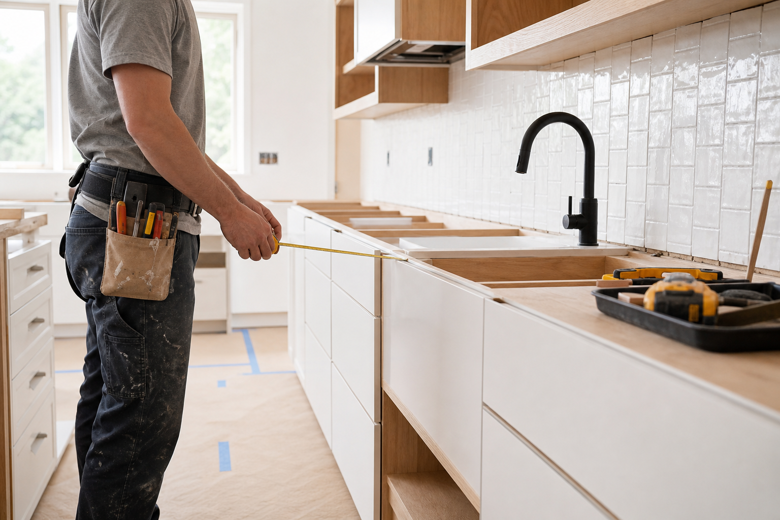Kitchen remodel in progress with cabinets, tile, and measuring tools