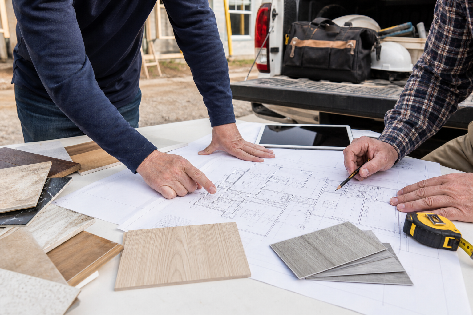 Contractors reviewing plans, finish samples, and tools on a jobsite table